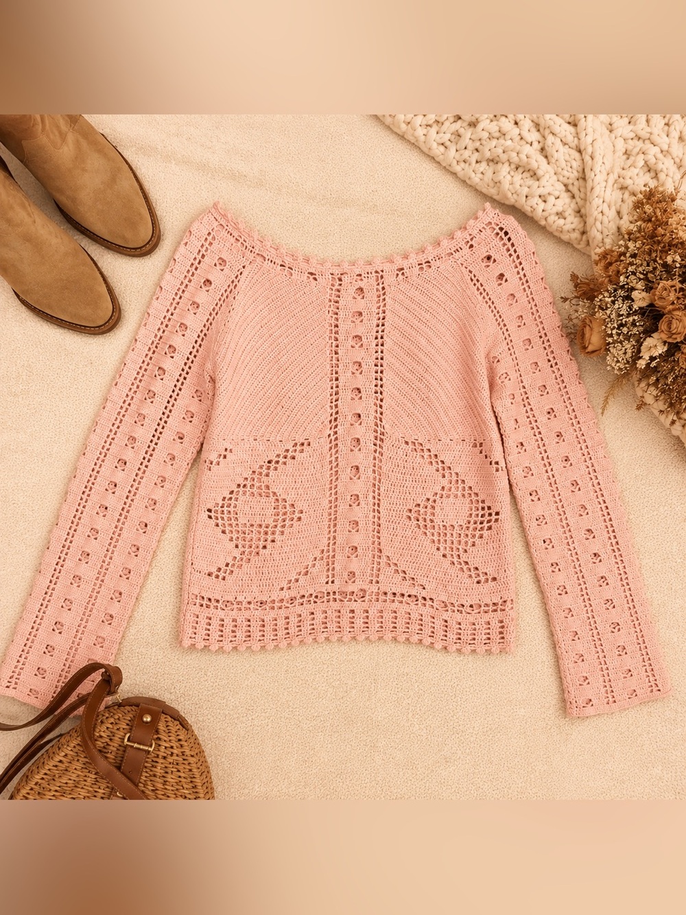 No Boundaries Blush Pink Crochet Knit Boho Sweater Size Medium Cottagecore